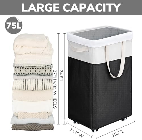 Goodpick 75L Laundry Hamper with Wheels & Removable Wash Bag for Dorm - Image 3