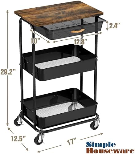 Simple Houseware 3-Tier Utility Cart with Drawer & Wood Top, Rustic Brown - Image 7
