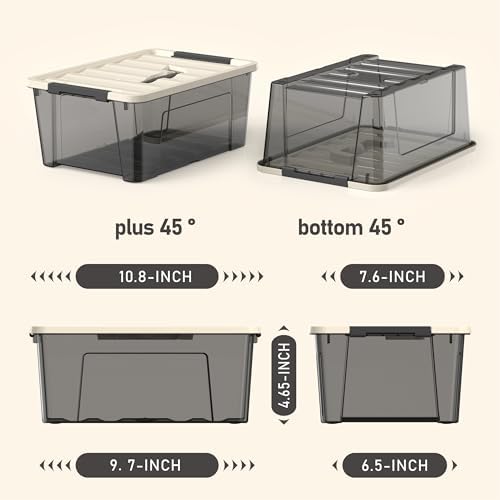 8 Pack Clear Black Plastic Storage Bins with Khaki Lids, Small Latching Storage Boxs with Handle, Stackable Containers for Organization (5 Quart) - Image 2