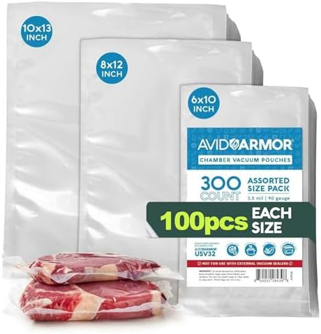 Avid Armor 300 CT Chamber Vacuum Sealer Bags for USV32 – Assorted Sizes (6x10", 8x12", 10x13"), BPA-Free, Reusable, for Food Storage, Sous Vide, and Freezer Preservation by AvidArmor