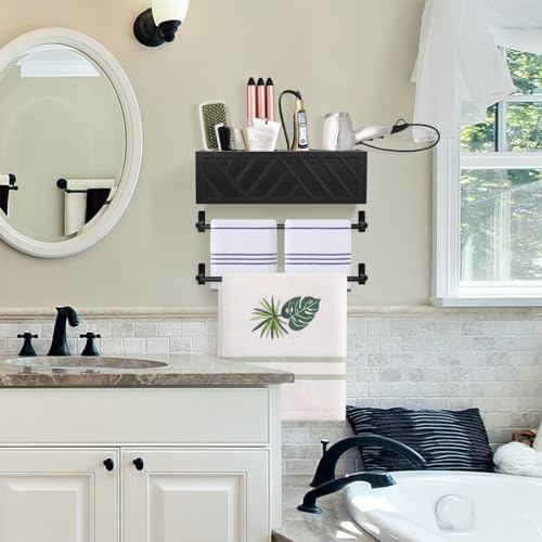 Hair Tool Organizer Wall Mount With 2 Towel Bars, Wood Hot Tools Holder, Rustic Bathroom Blow Dryer Holder For Decor, Flat Iron, Curling Wand, Brushes (Black) - Image 4