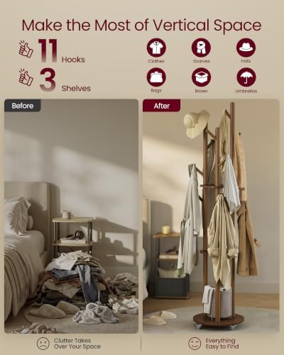 VASAGLE Freestanding Coat Rack Stand, with Wheels, 11 Hooks, 3 Shelves - Image 3