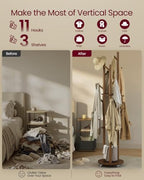 VASAGLE Freestanding Coat Rack Stand, with Wheels, 11 Hooks, 3 Shelves - Image 3