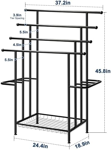 Haturi 4-Tier Free Standing Towel Rack for Bathroom, 45.3" H Black Metal Towel Drying Rack, 18.1" W with Storage Basket, Outdoor Pool Towel Holder for Oversized Towels & Blankets - Image 2