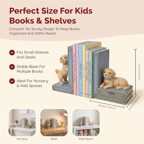 Dog Bookend Set with 4 Magnetic Puppy Bookmarks – Cute Labrador Puppy Bookends for Kids Books, Childrens Bookends for Shelves, Nursery Decor, Book Ends for Kids Room Reading Corner - Image 3