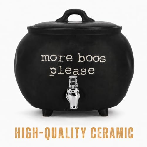 Black Ceramic Cauldron Beverage Dispenser & Candy Bowl With Easy Flow Spigot & Lid / “More Boos Please” Halloween Drink Dispenser Great For Parties, Bars & Daily Use 1.5 Gallon - Image 5