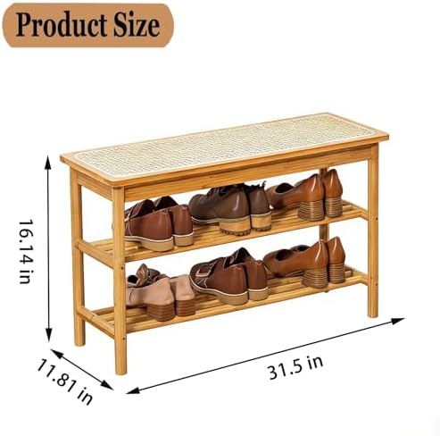 latifolia Shoe Rack Bench, 3-Tier Bamboo Shoe Bench with Breathable Rattan Seat Cushion, Shoe Storage Rack for Entryway(Nautre,31.50''L) - Image 2