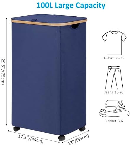 efluky Laundry Basket with Wheels, Tall Rolling Laundry Hamper with Lid and Removable Bag, Aesthetic Dirty Clothes Hamper on Wheels for Laundry Room, Bedroom, Dorm and Bathroom, 100L Blue - Image 6