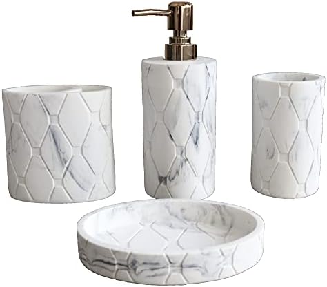 Hymmah Bathroom Accessories Set,Marble Design Toothbrush Holder,Farmhouse Bathroom Decor,4 Pcs Resin Gift Set Apartment Necessities, Contain Toothbrush Cup,Soap Dispenser,Soap Dish,Tumbler by Hymmah
