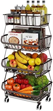 Fruit Vegetable Storage Basket for Kitchen - 4 Tier Stackable Metal Wire Baskets Cart with Rolling Wheels Utility Fruits Rack Produce Snack Organizer Bins for Pantry Bathroom Laundry Bronze by MiyawellOfficial
