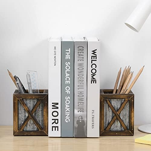 MyGift Rustic Bookends with Pen Holder, Wood & Metal Desk Organizer - Image 2