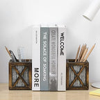 MyGift Rustic Bookends with Pen Holder, Wood & Metal Desk Organizer - Image 2