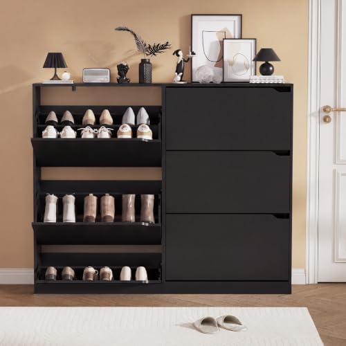 Black Hidden Shoe Storage Cabinet for Entryway with 6 Flip Drawers by Boonatu