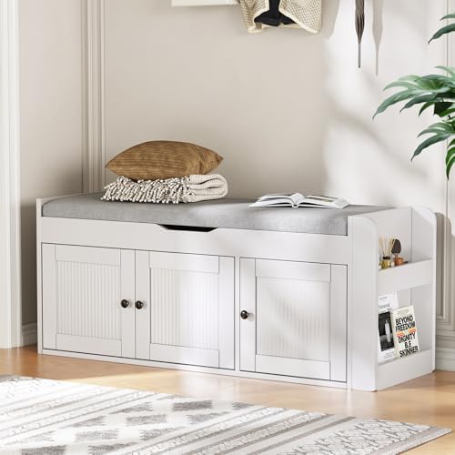 42.6" Storage Bench - Shoe Storage Bench with Side Storage Shelves and 3 Doors, Multifunctional Entryway Bench with Lift Top Cushion, Shoe Bench for Bedroom, Living Room, Entryway, White by AboutBrand