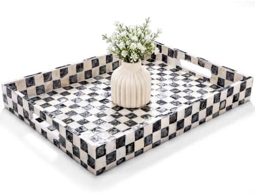 Reallnaive Mother of Pearl Lazy Susan, Square, Black White Checkerboard by Reallnaive
