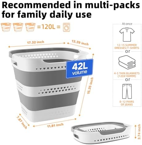 42L Medium Collapsible Plastic Laundry Basket with Handles, Foldable Laundry Basket Hamper, Pop Up Storage Container Organizer for Washing Storage (Gery, 17 Inch * 13 Inch * 15 Inch) - Image 2