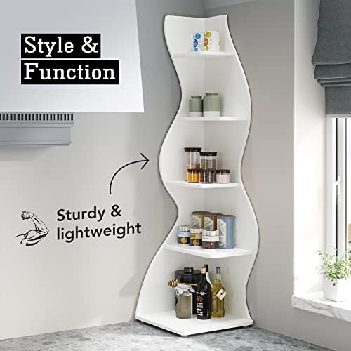 Tribesigns Corner Shelf, Modern 5-Tier Wall Corner Bookshelf Set of Two, Stylish Corner Small Bookcase Storage Rack Plant Stand for Living Room, Home Office, Kitchen, Small Space White, 2PCS - Image 6