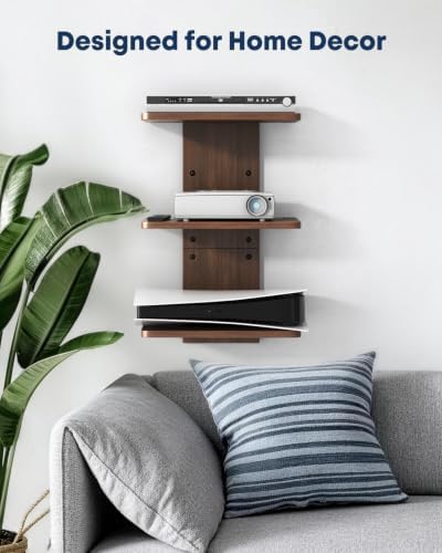Floating TV Projector Shelf Wall Mount - 3 Tier Wooden Shelf, Walnut Brown - Image 4