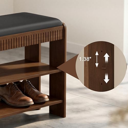 Shoe Bench with Cushion, Solid Wood 2 Tier Adjustable Storage Shoe Bench Rack for Entryway, Bedroom, Closet, Living Room, Hallway - Image 6