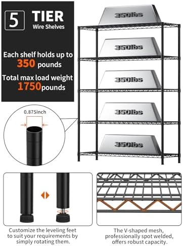 Golpart 5Tier Adjustable Storage Shelves Metal Wire Shelving Standing Shelf - Image 5
