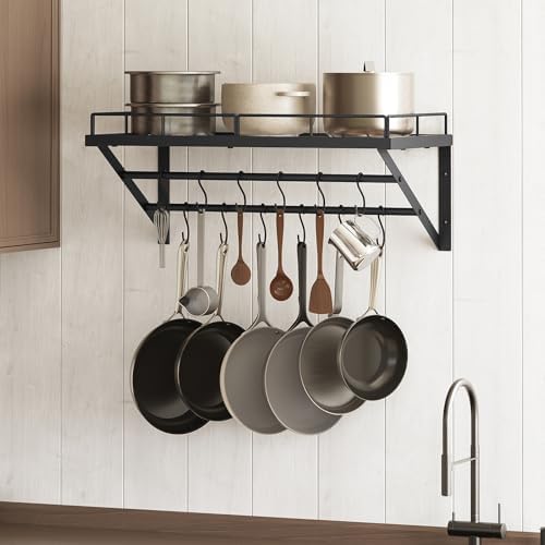 YATINEY Wall Mounted Pot Rack, 23.8 Inch Pot and Pan Organizer with 2 Tier Hanging Rails, 12 S-Hooks, Metal Pot Rack for Kitchen Cookware Organizer, Space Saving, for Kitchen Utensils, Black PR01BK - Image 2