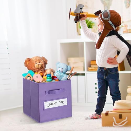 Fabric storage cubes (Set of 8) 11 Inch Cube Storage Bin, Cube storage with 8 Labels Window Cards & a Pen, Foldable cube organizer bins,11x11 Storage bin, Cubby Organizer Boxes, Purple - Image 5
