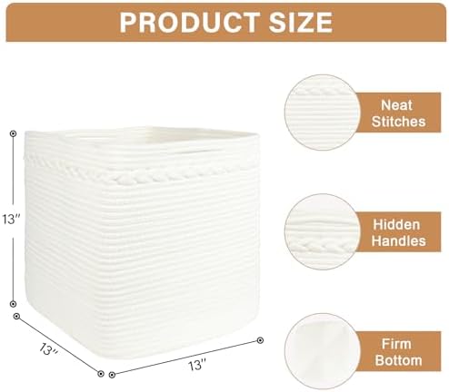 danpinera 13 Inch Cube Storage Baskets, 3-Pack Woven Fabric Organizer Bins, 13"x13" Square Baskets for Cube Storage for Shelves, Baby Nursery, Closet Organizer, White - Image 2