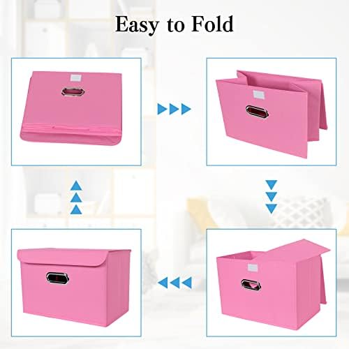 STOREONE Fabric Storage Cube Bins Foldable Organizer Container Collapsible Basket with Lids and Metal Handles, for Home, Bedroom, Closet 6 Pcs (Pink) - Image 6