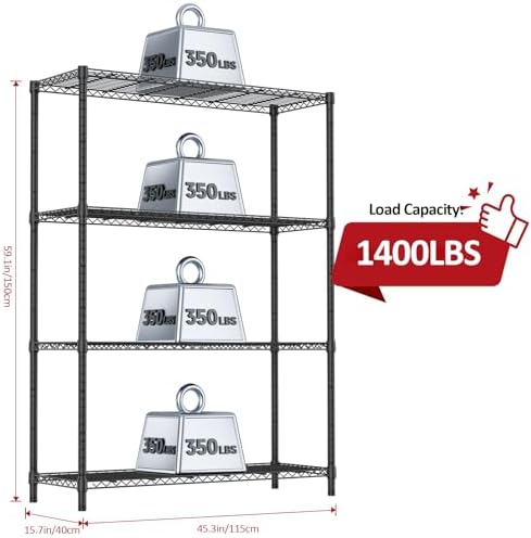 IZEUK 1400 LBS Garage Black Shelving Wide Storage Shelves 4 Tier Adjustable Heavy Duty Metal Wire Rack Standing Shelf Unit for Kitchen Office College Dorm Garage Warehouse 15.8" x 45.8"x 59.4" - Image 3