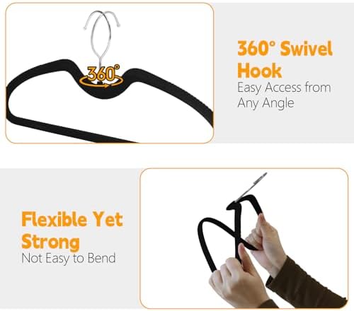 50 Pack Velvet Hangers, Short Neck Non Slip Slim Hangers with 360° Swivel Hook, Space Saving Clothes Hangers for Shirts, Dresses, Sweaters, Black - Image 4