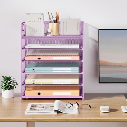 Subekyu 6 Tier Paper File Tray Organizer for Desk, Purple Mesh Desk Letter Paper File Folder Accessories Sorter Organizer with Handle, Stackable Slide Tray for Office, Home or School Supplies Storage - Image 7