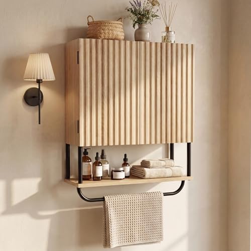 FerniTry Farmhouse Bathroom Wall Cabinet Fluted,Medicine Cabinet Over The Toilet Storage Cabinet with Adjustable Shelf, Wood Wall Mounted Storage Cabinet Organizer (Oak, Small) by FerniTry