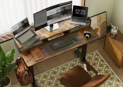 Claiks Standing Desk with Drawers & Wheels, 2 Height Shelf 55" Rustic Brown - Image 2