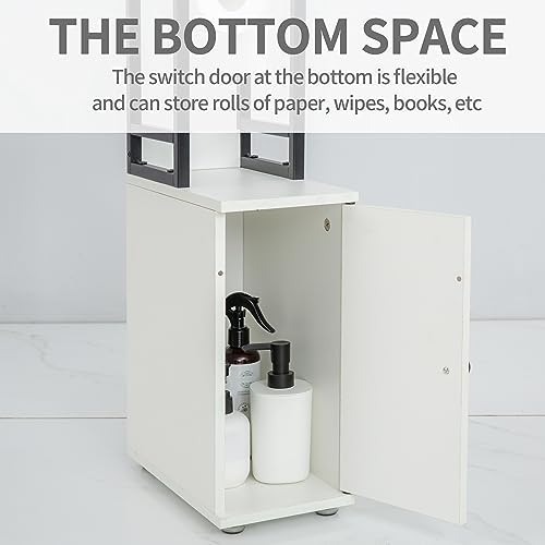 SUNTAGE Small Bathroom Storage Cabinet, Narrow Side Bathroom Organizer w/Toilet Paper Roll Holder and Metal Frame, Slim Toilet Paper Storage Cabinet for Bathroom, White - Image 4