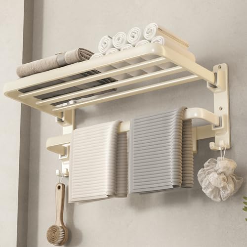 VOLDRA Towel Racks for Bathroom, 24-Inch Towel Shelf with Towel Bar Foldable Towel Holder with 7 Hooks Towel Storage Organizer for Bathroom & Lavatory Wall Mounted(Cream White) by VOLDRA