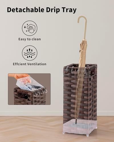 Rattan Umbrella Stand, Umbrella Holder for Entryway, Hand Woven Umbrella Rack Organizer Freestanding, with a Detachable Drip Tray, 4 Hooks, 6.5" L x 6.5" W x 16.5" H, Brown - Image 4