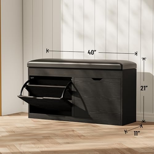 40" Shoe Storage Bench with Flip Drawers Padded Seat Cushion, Shoe Cabinet with Lift Top Storage Box, Shoe Bench Shoe Organizer for Entryway, Hallway, Living Room, Black - Image 2