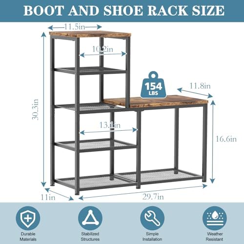 Shoe Rack Bench for Entryway,Free Standing Shoe Storage Organizer for Front Door Entrance,4-Tier Boot Rack Holder Shelf for Closet with Seat,Sturdy Shoe Shelves for High Heels(Brown) - Image 3