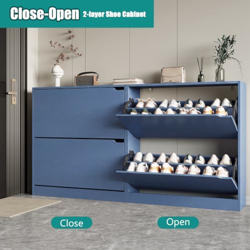 Xixini Shoe Storage Cabinet for Entryway with 2 Flip Drawers, Wood Freestanding Hidden Shoe Storage, Narrow Slim Sturdy Shoe Organizer for Front Door Entrance, Living Room, Hallway, Bedroom, Blue - Image 3