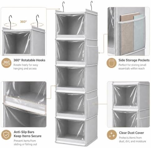 Vailando 5-Shelf Hanging Closet Organizer with Clear Dust Covers, Gray - Image 6