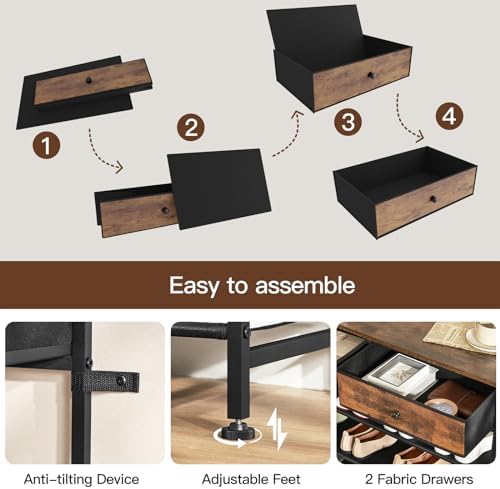 usikey Shoe Rack, 5 Tier Shoe Storage Organizer with 2 Drawers, Metal Shoe Shelf for 16-20 Pairs of Shoes, with 4 Oxford Fabric Shelves and Wooden Top, Shoe Stand for Closet, Entryway, Rustic Brown - Image 6