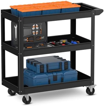 Goplus 3-Layer Service Utility Cart, Heavy Duty Unity Cart with Flat Handle, 2 Lockable Universal Wheel, 400 lbs Capacity, Rolling Tool Cart for Garage, Kitchen, Hotel, Office, Workshop Black by Goplus
