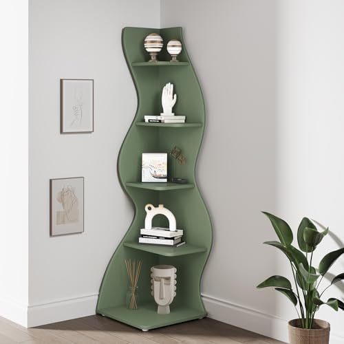 Tribesigns Corner Shelf, Modern 5-Tier Wall Corner Bookshelf, Stylish Corner Small Bookcase Storage Rack Plant Stand with Unique Shape for Living Room, Home Office (Sage Green, 2PCS) - Image 5