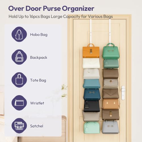 SWTYMIKI Over the Door Purse Organizer - 2 Packs Wall Mounted Purse Rack with 8 Hooks Design, Hanging Handbag Organizer Storage Holds up to 16 Bags, Bag Rack for Closet, Door (White) - Image 3