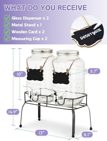 2 Pack 4L Laundry Detergent Dispenser with Stand, Glazeal 1 Gallon Glass Containers for Fabric Softener, Bleach & Laundry Room Organization, Includes 2pcs Measuring Cup & 2pcs Chalkboards - Image 4