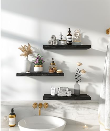 YYWUOJJ Wood Floating Shelves for Wall Decor, Rustic Wall Shelves for Bedroom Bathroom Kitchen Living Room, Set of 6 Black - Image 3
