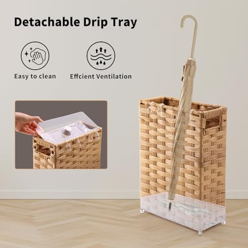 Rattan Umbrella Stand, Umbrella Holder for Entryway, Hand Woven Umbrella Rack Organizer Freestanding, with a Detachable Drip Tray, 4 Hooks, 11.8" L x 5.5" W x 16.5" H, Natural - Image 3