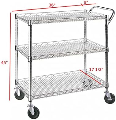Heavy Duty 3 Tier Rolling Utility Kitchen Cart on Wheels,Large 45"L x 17 1/2"D x 45"H Metal Serving Cart Commercial Grade with Wire Shelving and Handle Bar for Office School Church Kitchen Hardware - Image 2