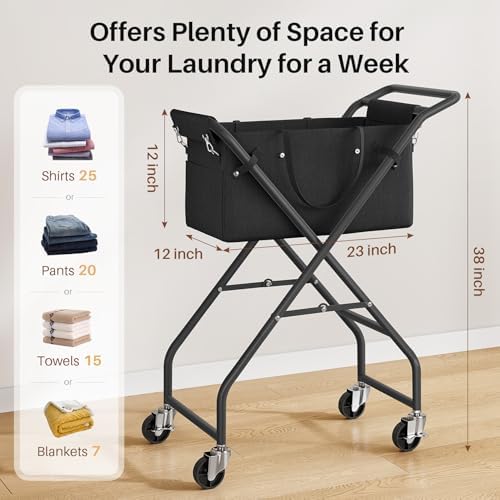 No-Bend Laundry Cart- Rolling Hamper with Locking Wheels & Handle, Foldable Basket Screw-Free Assembly, Durable Metal Frame & Removable Liner Bag for Bedroom & Bathroom (Black) - Image 6