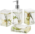 Locco Decor 4 Piece Acrylic Liquid 4D Floating Motion Bathroom Vanity Accessory Set Garden Botanic Green Plants Toothbrush Holder, Tumbler, Soap Dispenser, Soap Dish by LoccoDecor